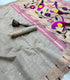 Soft Muga Cotton  light grey  colour with painted parrots  on pallu