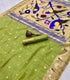 Soft Muga Cotton parrot green   colour with painted parrots  on pallu