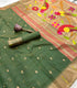 Soft Muga Cotton A green and beige silk saree with colorful floral embroidery on the pallu