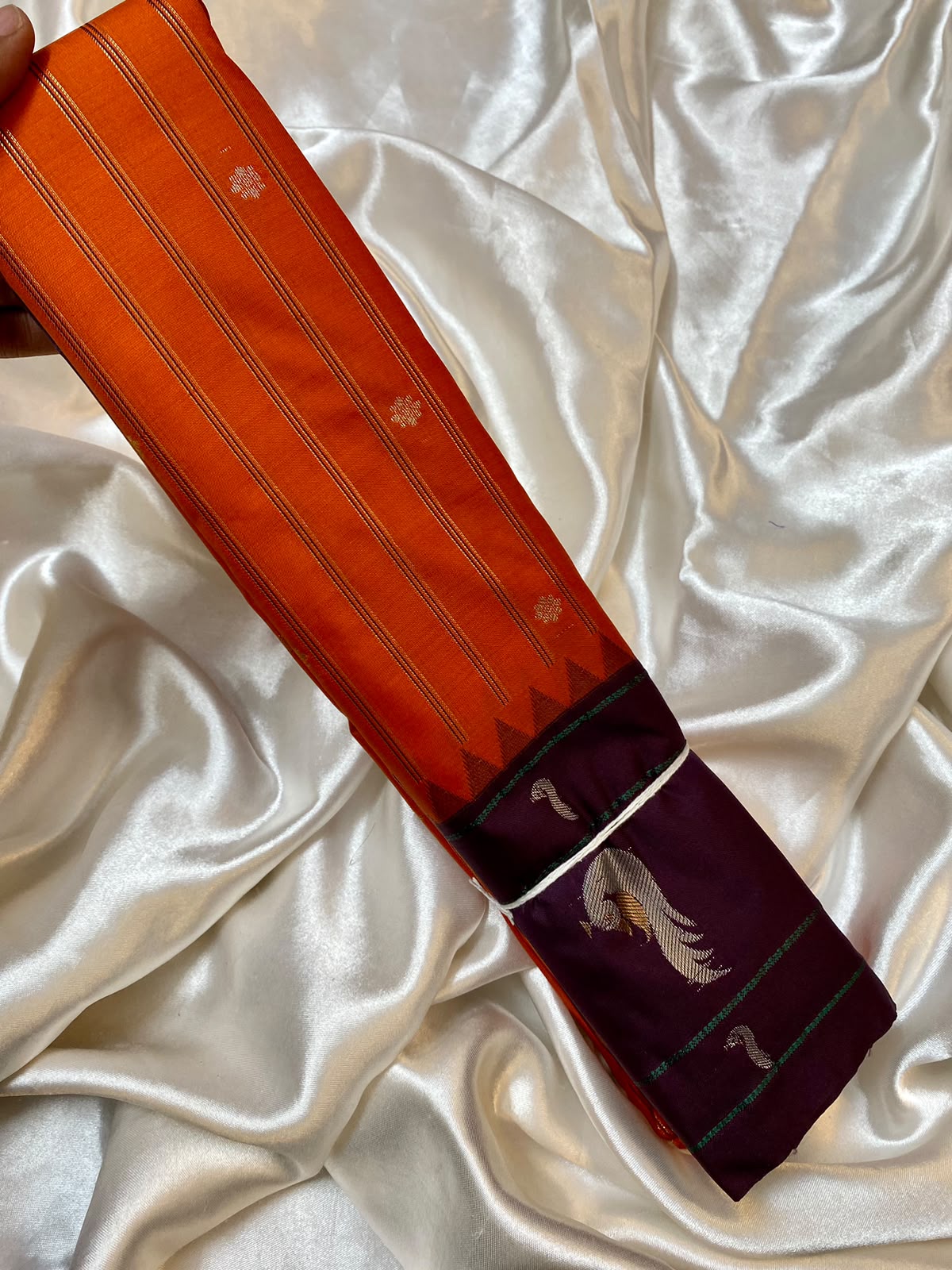 Semi Gadwal Fusion Vibrant Orange   saree Red stripes  with purple  border