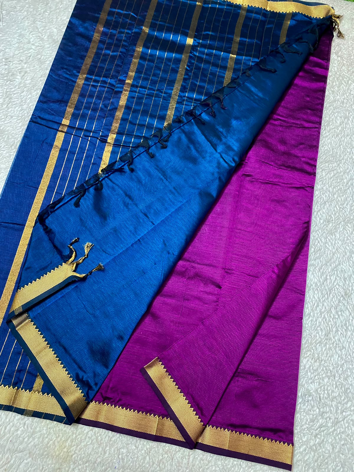 Mangalagiri Silk with NIzam border deep pink  with  blue pallu