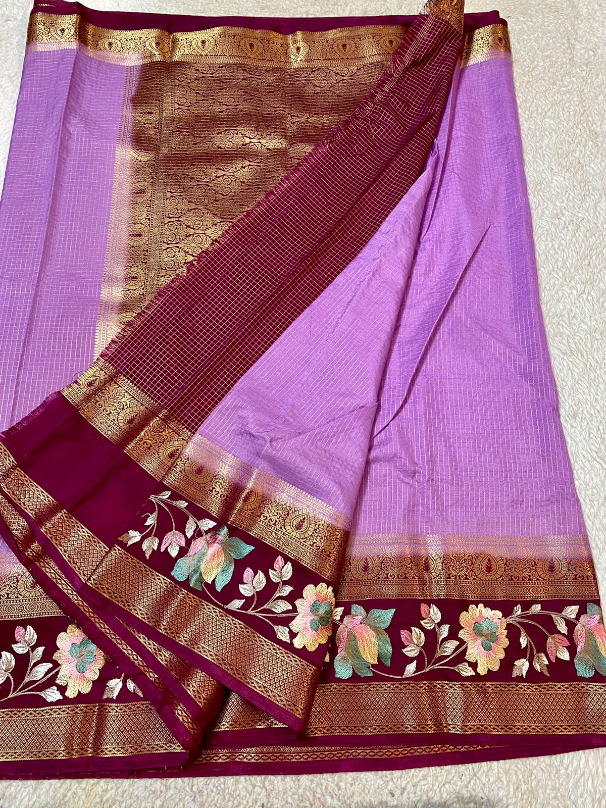 Mysore Silk saree with embroidery design border purple and maroon