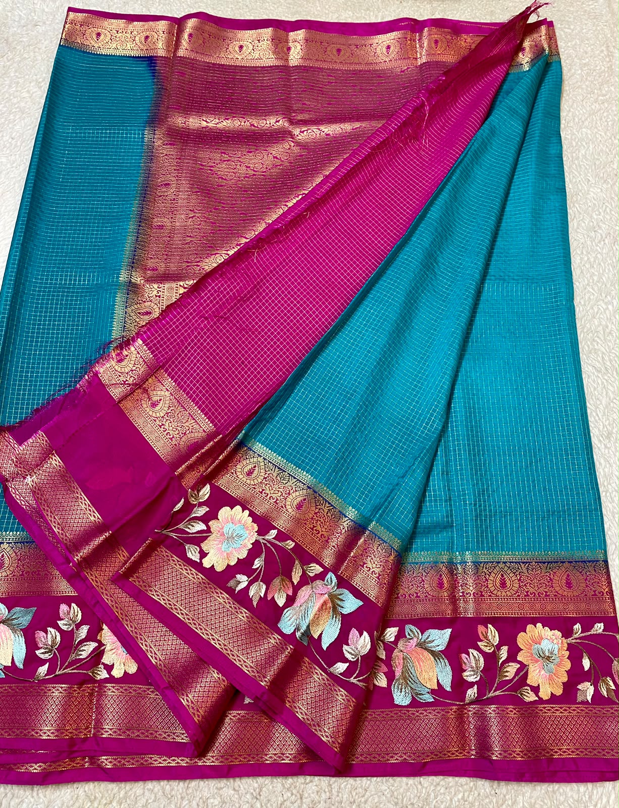 Mysore Silk saree with embroidery design border teal blue and magenta pink border