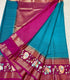 Mysore Silk saree with embroidery design border teal blue and magenta pink border