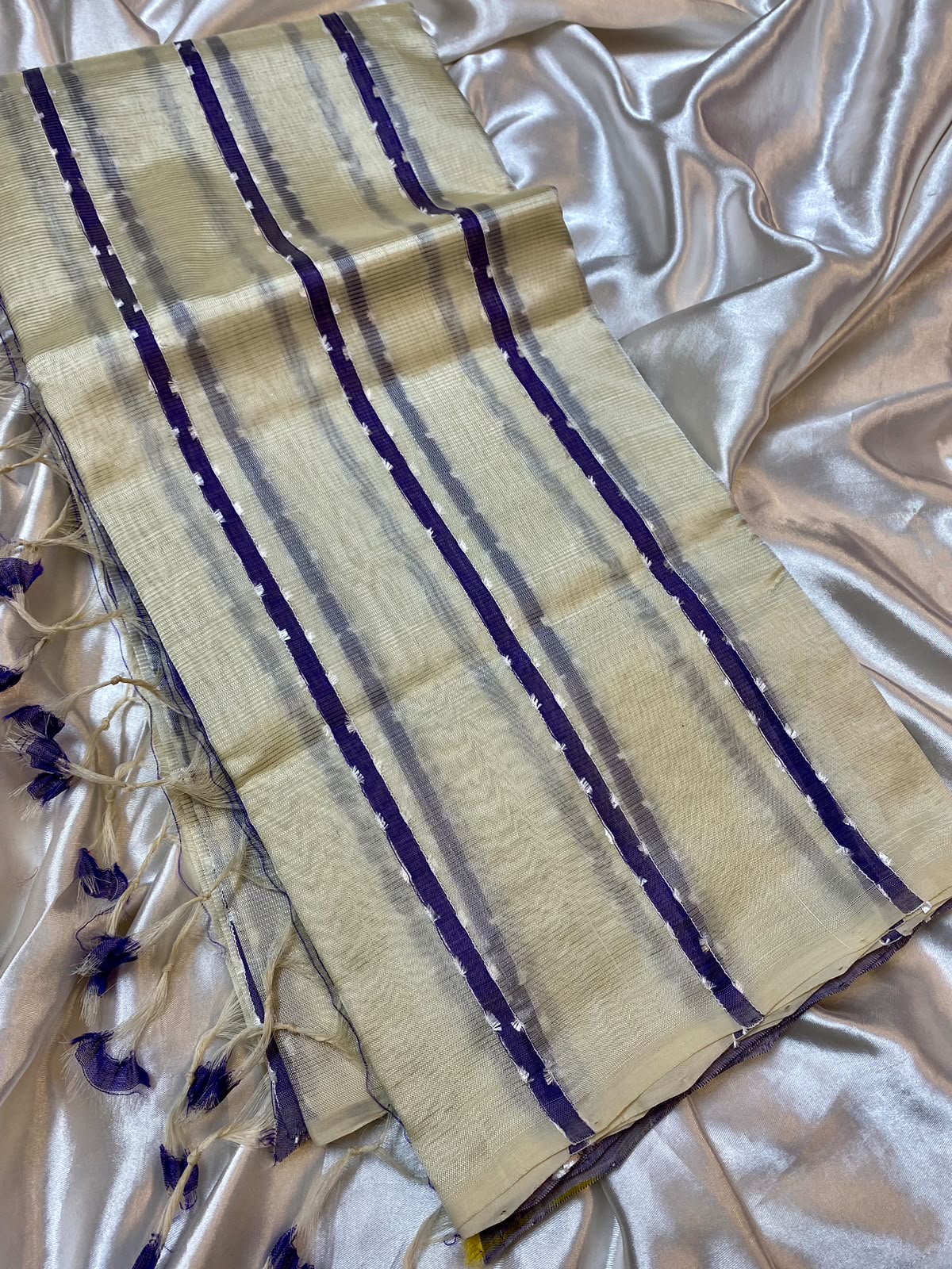 Mangalagiri Silk Cream  with purple and gray  stripes