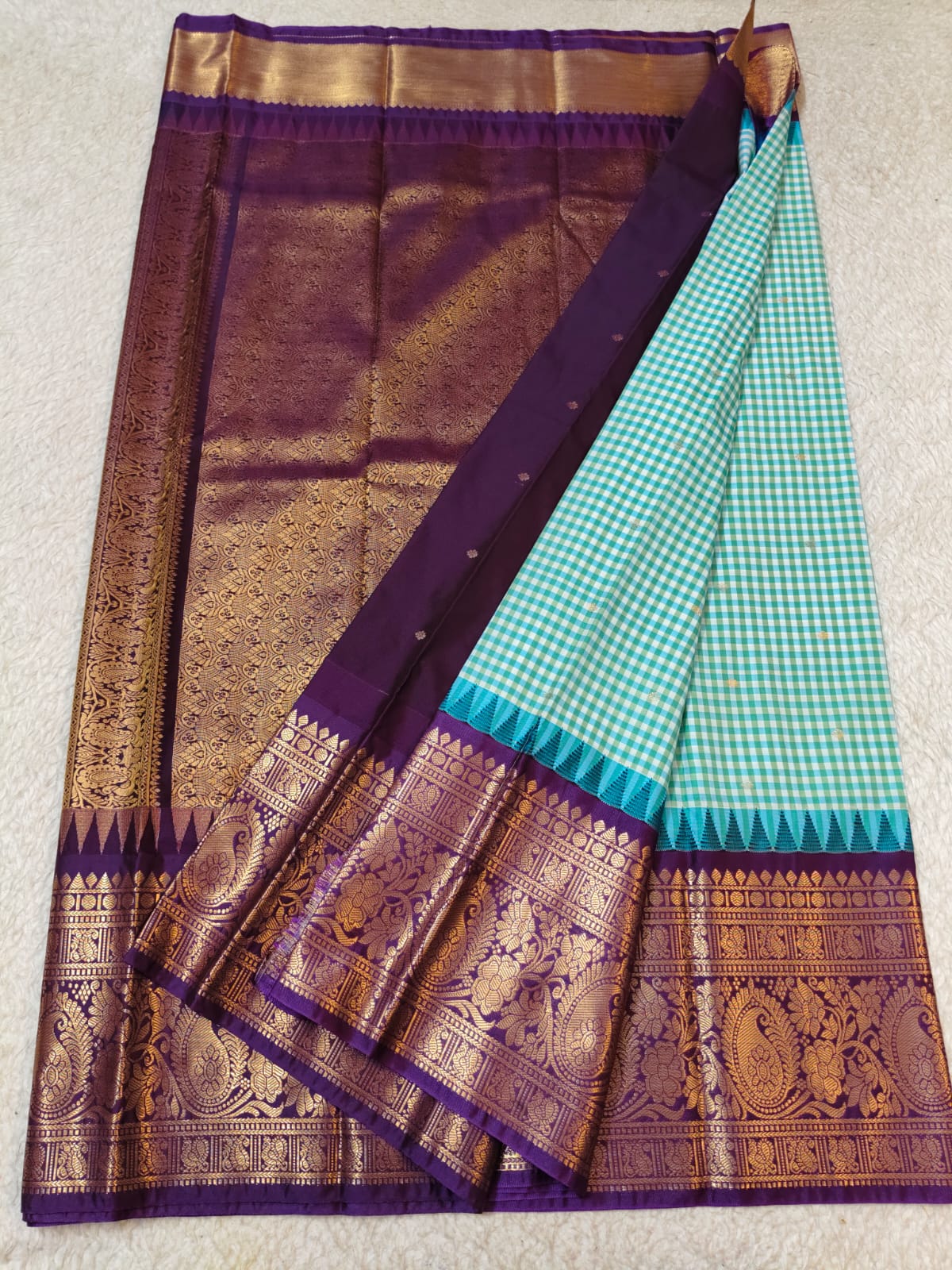 Semi Gadwaal Pattu purple and teal checkered silk saree with intricate gold zari brocade border