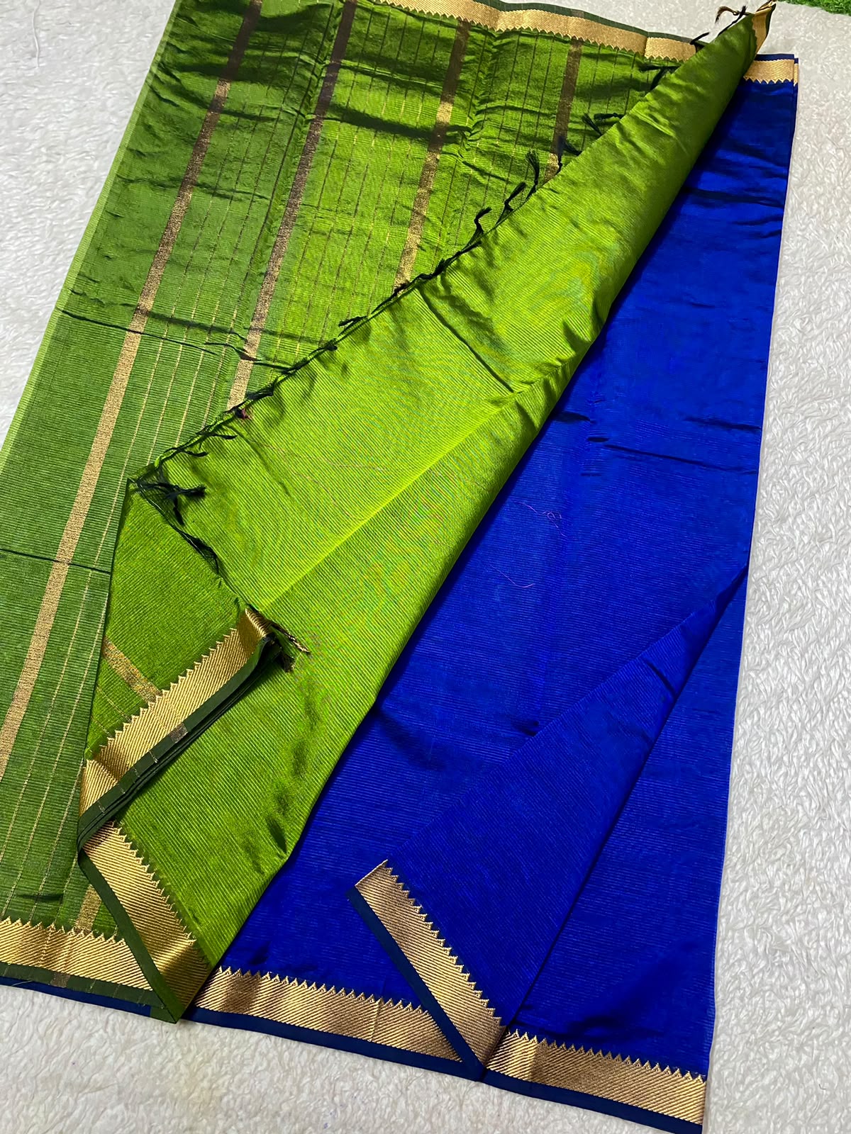 Mangalagiri Silk with NIzam border Royal blue   with  green pallu