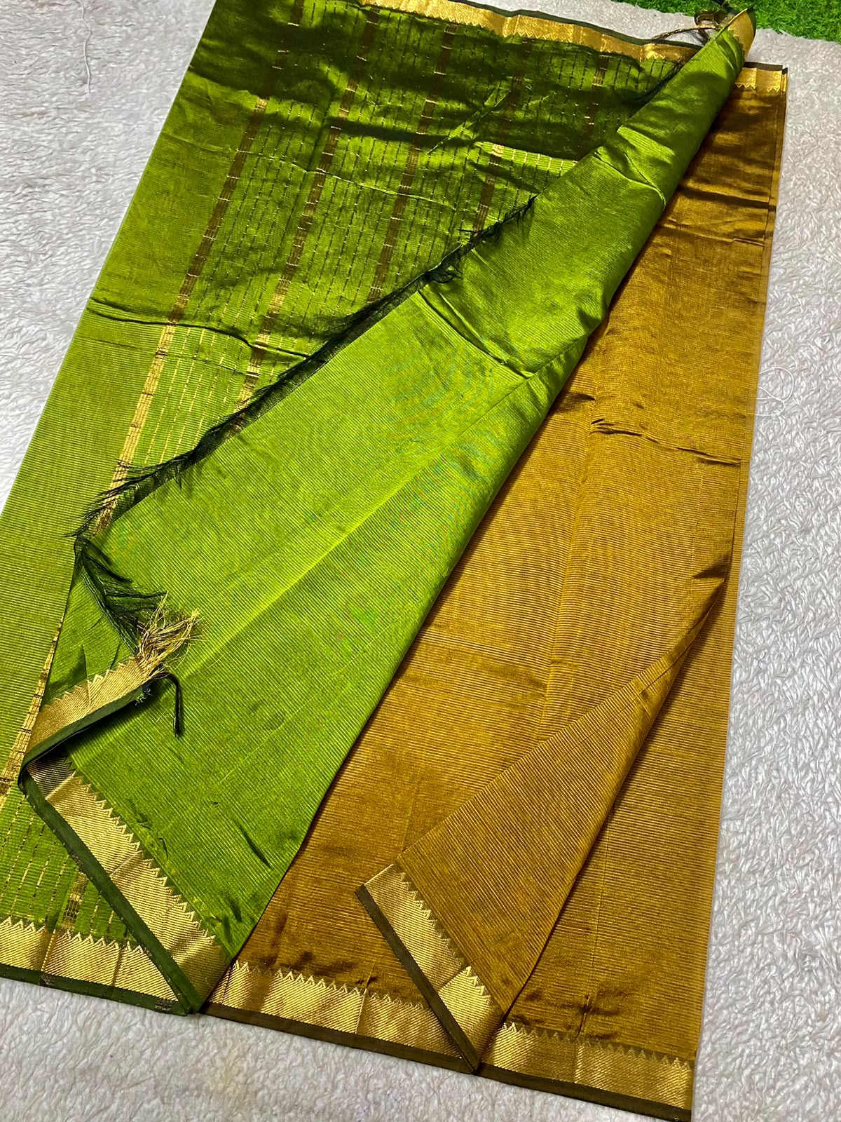 Mangalagiri Silk with NIzam border Orange  with OLive green pallu