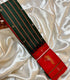 Semi Gadwal Fusion Dark green  saree Red stripes  with bright red/ orange  border