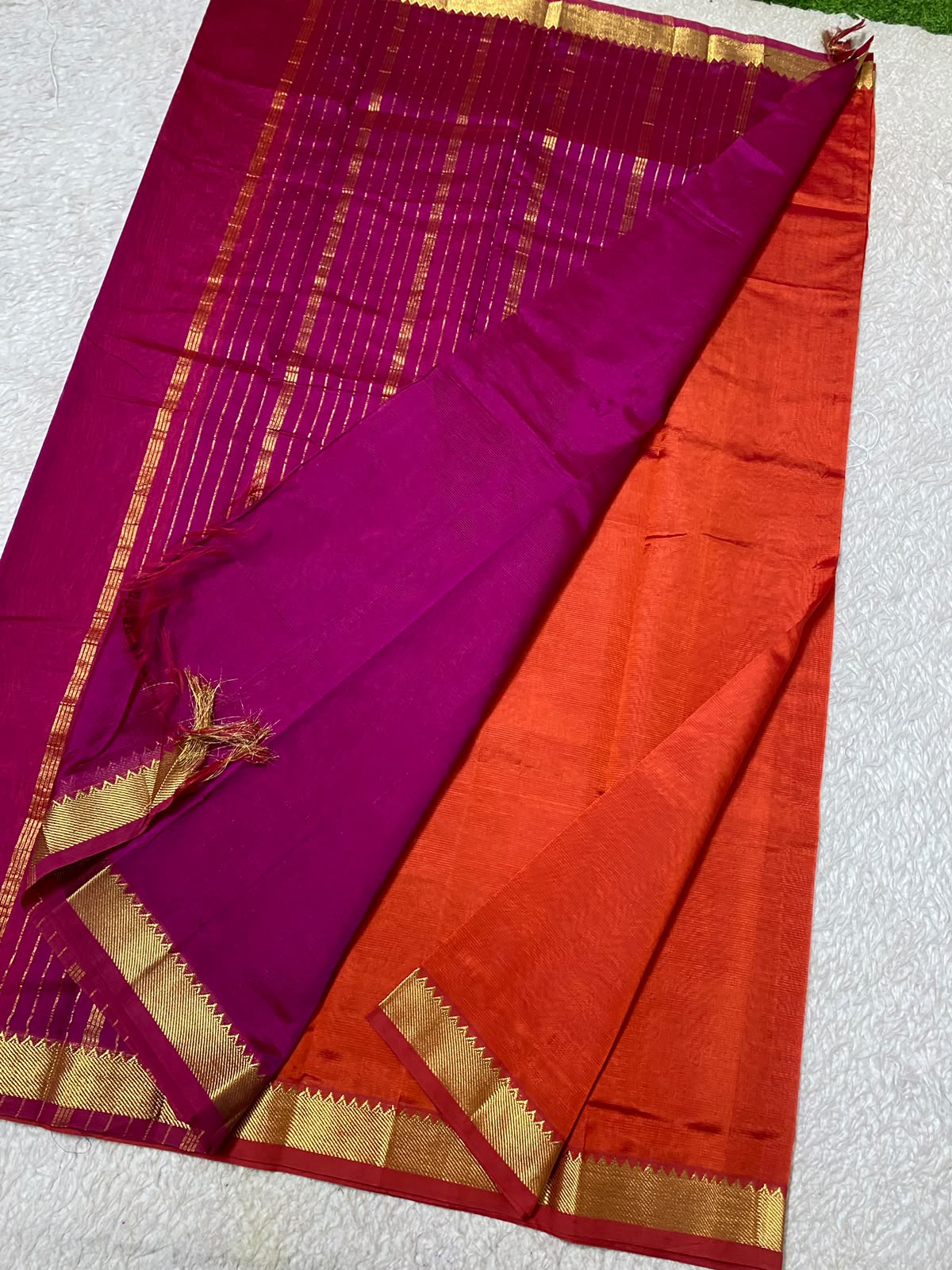 Mangalagiri Silk with NIzam border Orange  with deep pink pallu