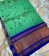 Gadwal Cotton Green   saree with Bright   blue,  wide zari gold and blue border