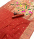 Soft Muga Cotton  terracotta red   colour with painted parrots  on pallu