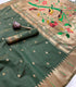 Soft Muga Cotton dark green   colour with painted parrots  on pallu