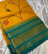 Gadwal Cotton Mustard saree with  wide zari gold and Greenish blue border