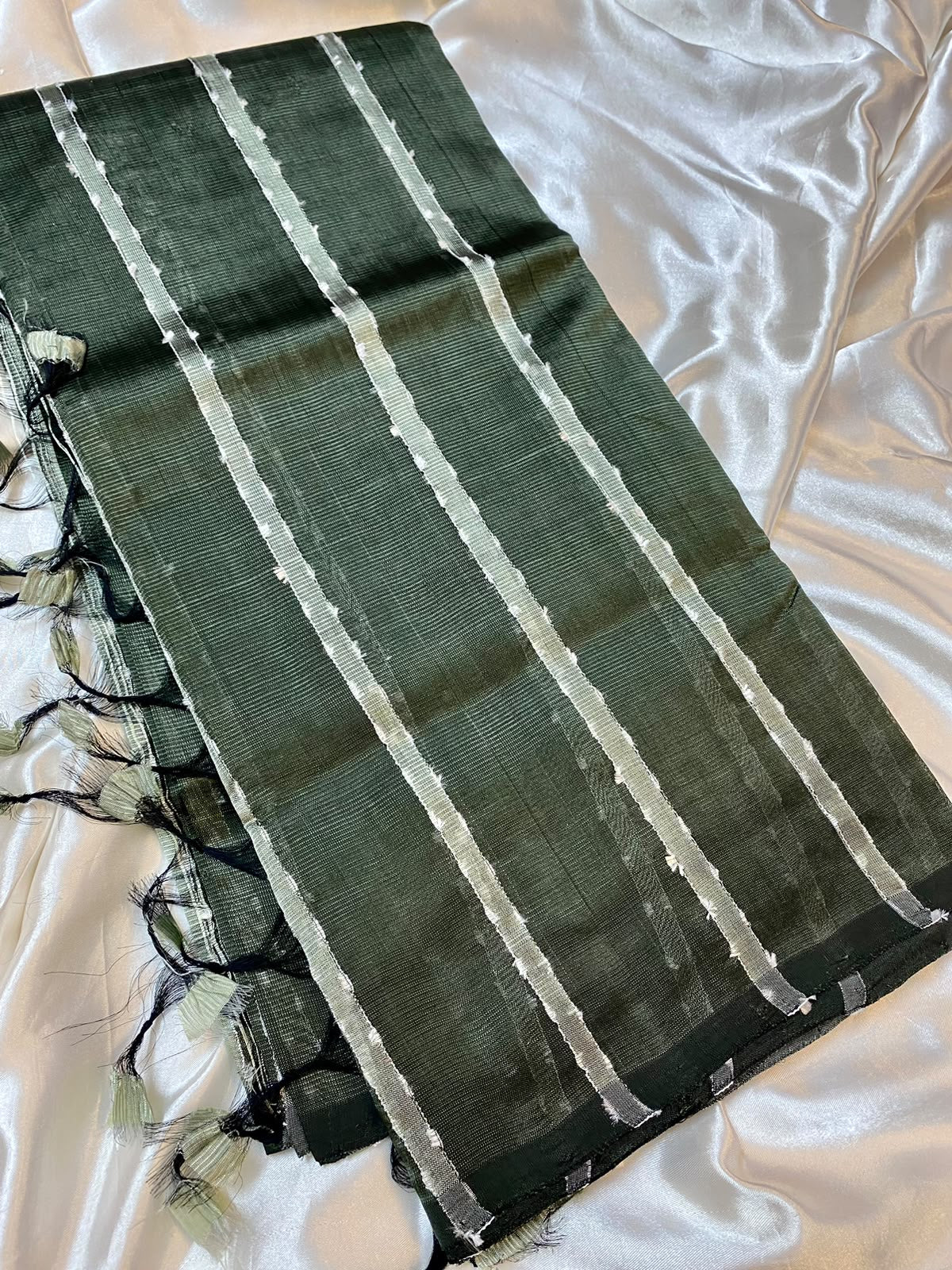 Mangalagiri Silk dark green   with  off-white stripes