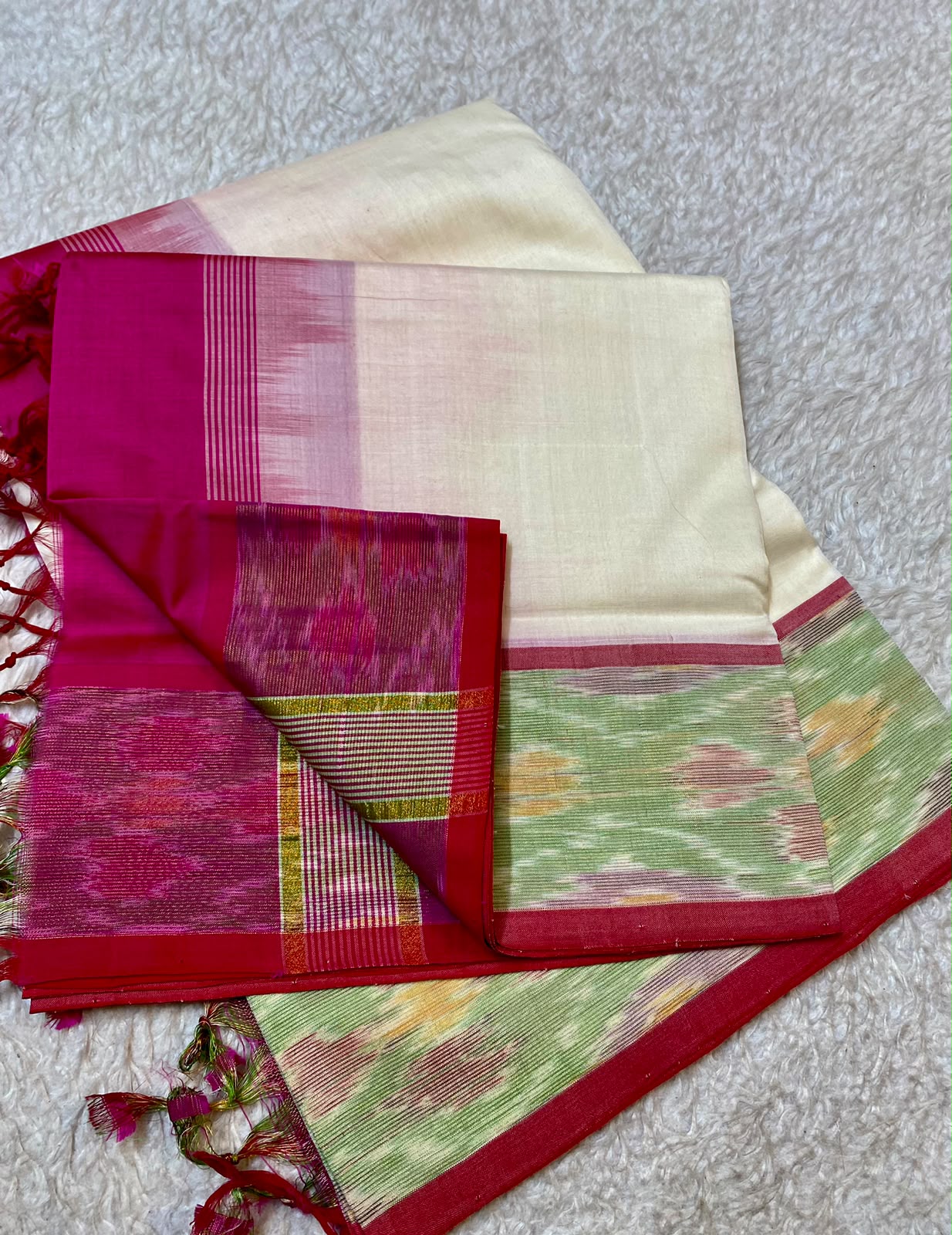 White Ikkat Border Handloom Venkatagiri Silk Cotton Saree