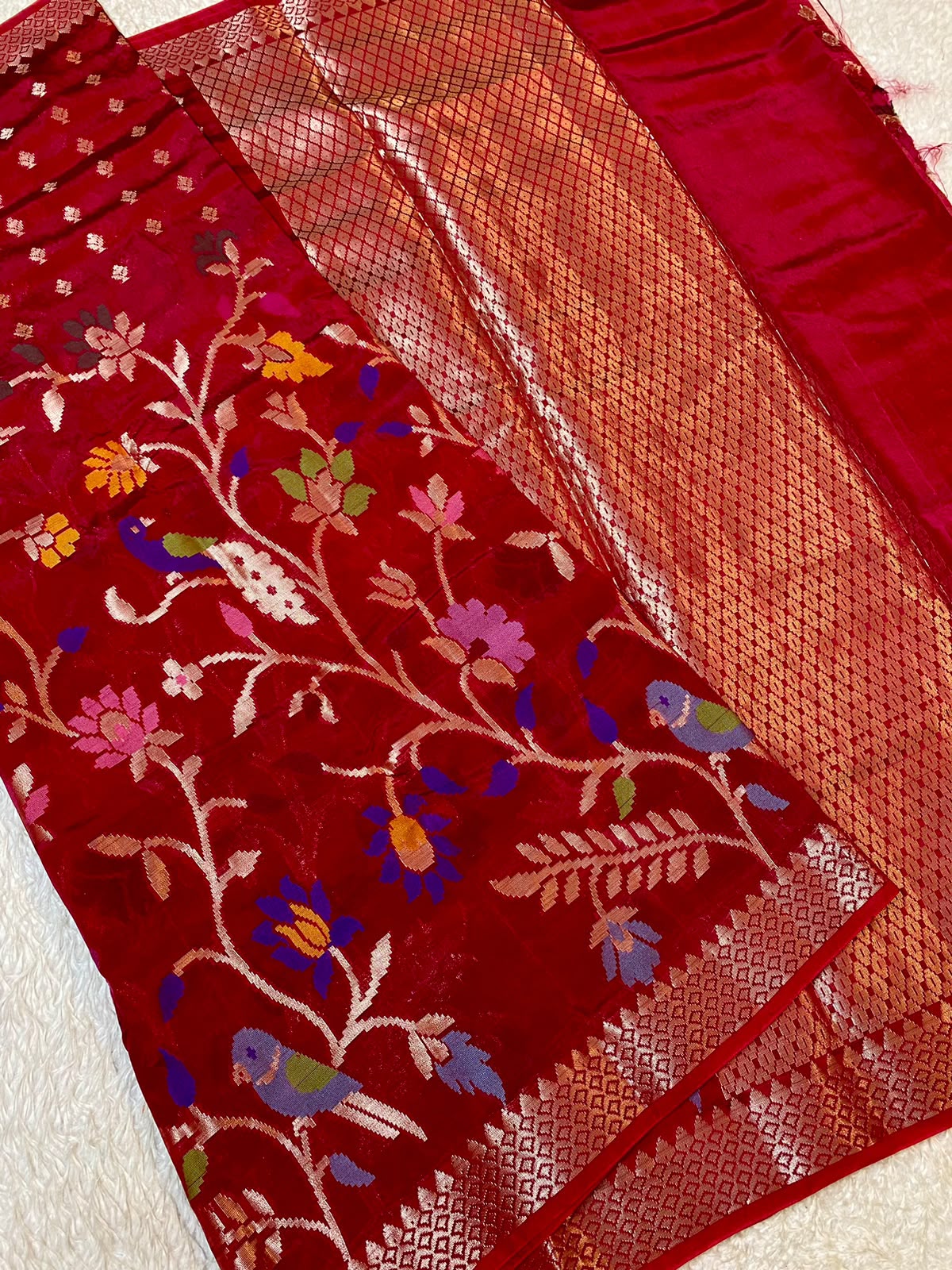 Vermilion Red Shade Banarasi Jamdani Pattu
