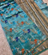 Banarasi paper silk teal blue and gold zari  saree with colorful elephant motifs