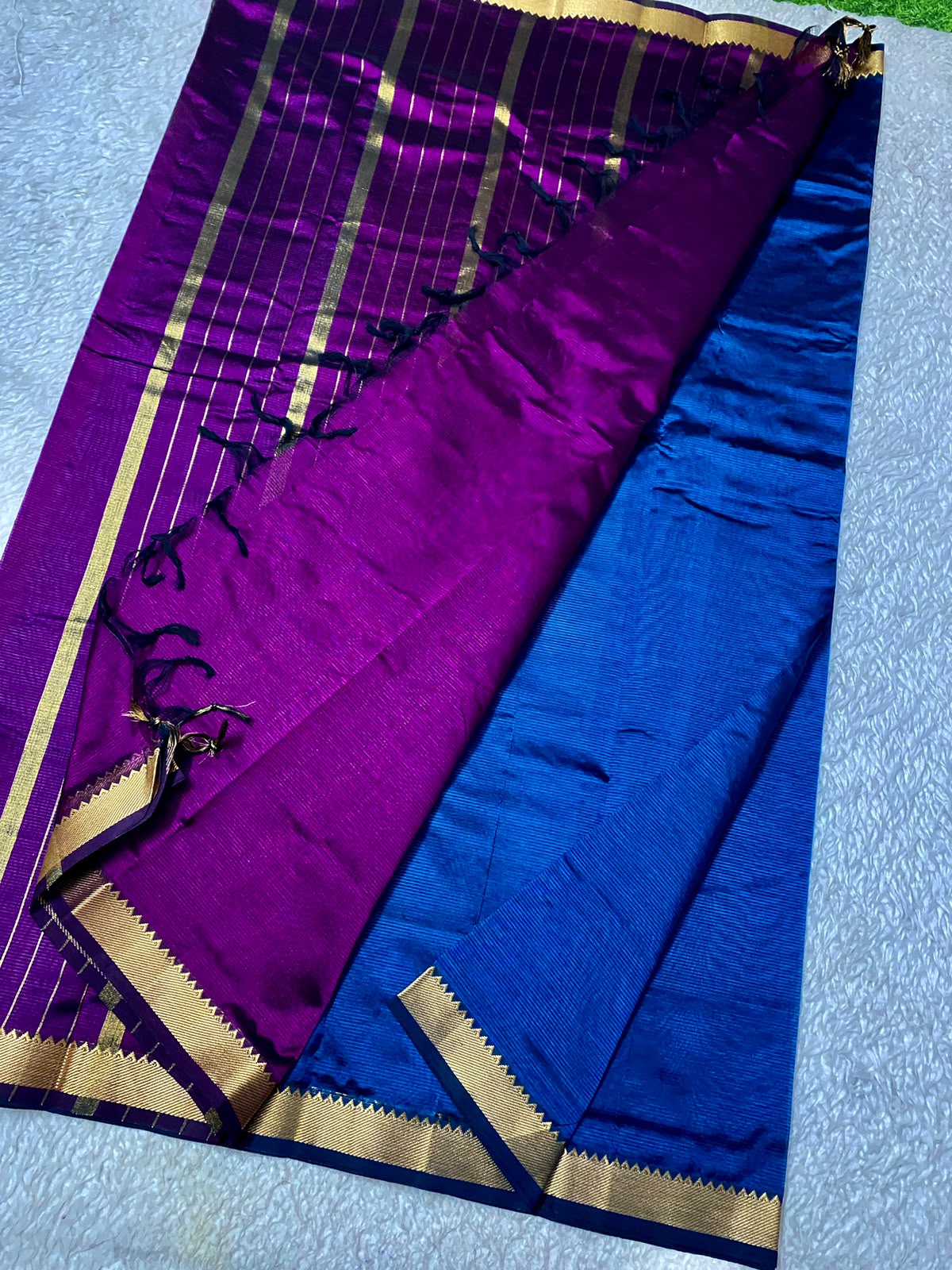 Mangalagiri Silk with NIzam border rich royal blue with deep purple pallu