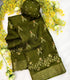 Crape silk dark teal green with gold, silver, and white floral and paisley motifs