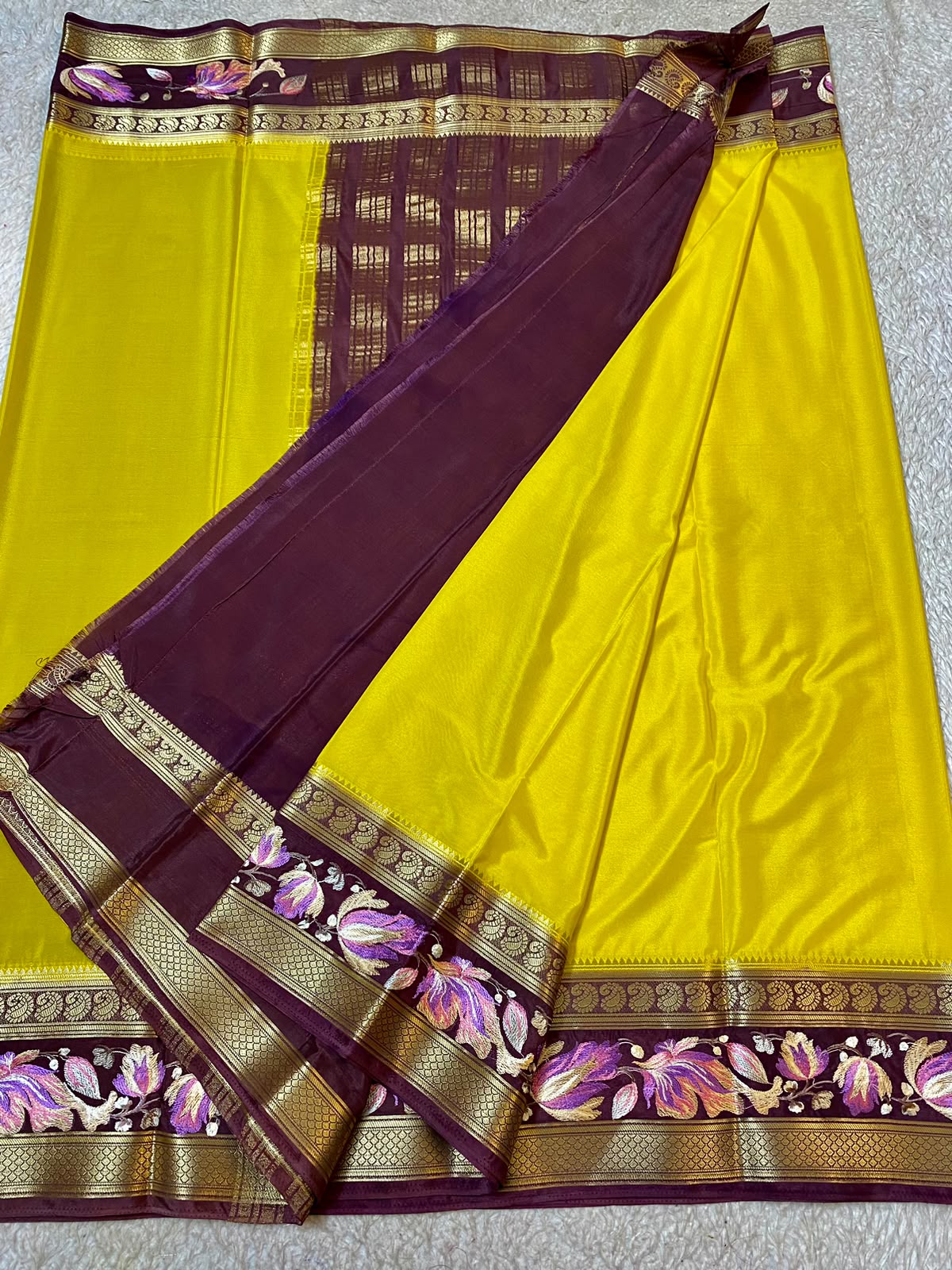 Mysore Silk saree with embroidery design border yellow body and a rich deep purple border