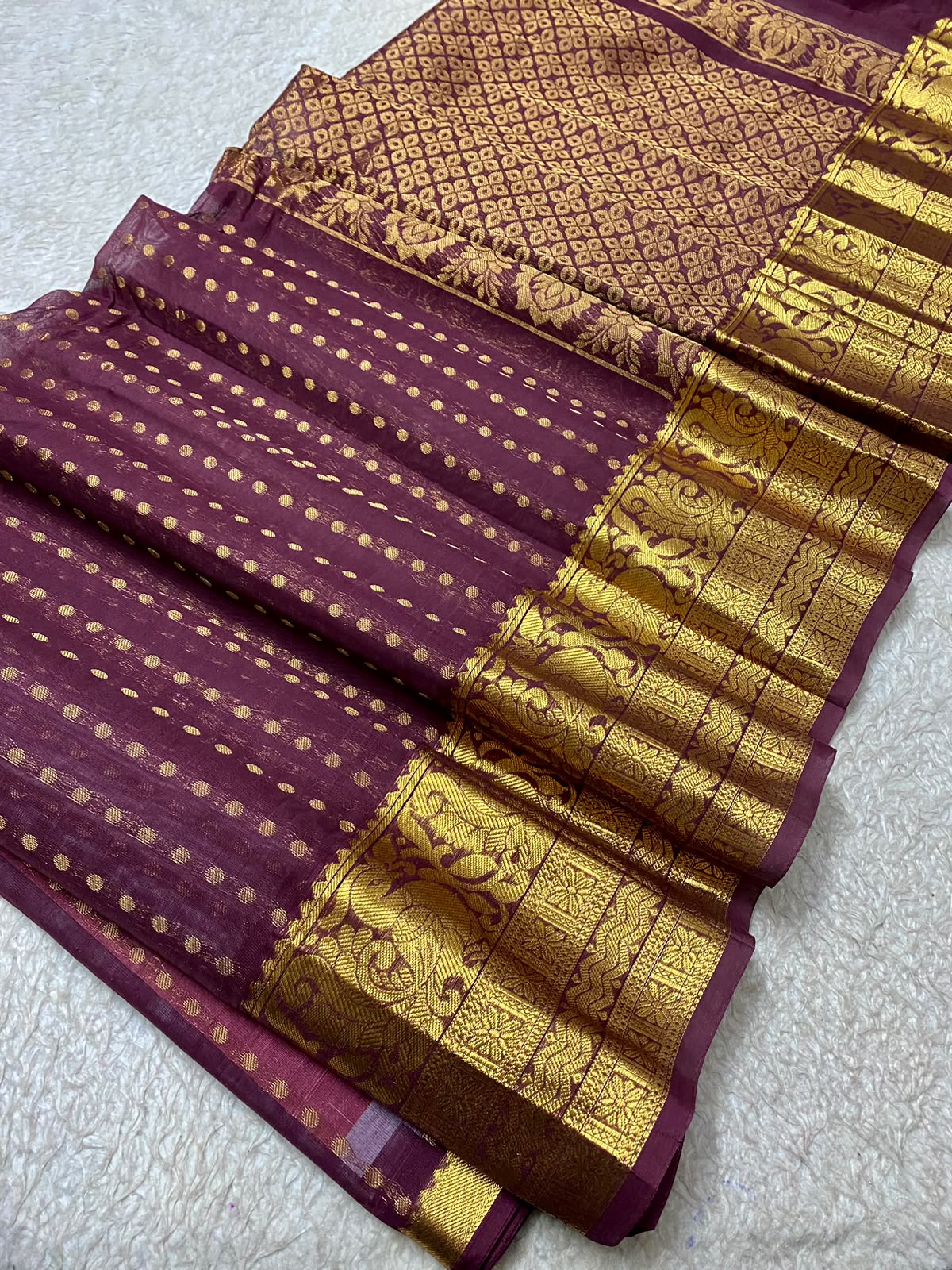 SIco Gadwal deep purple body with small gold zari motifs and a broad gold zari brocade borde