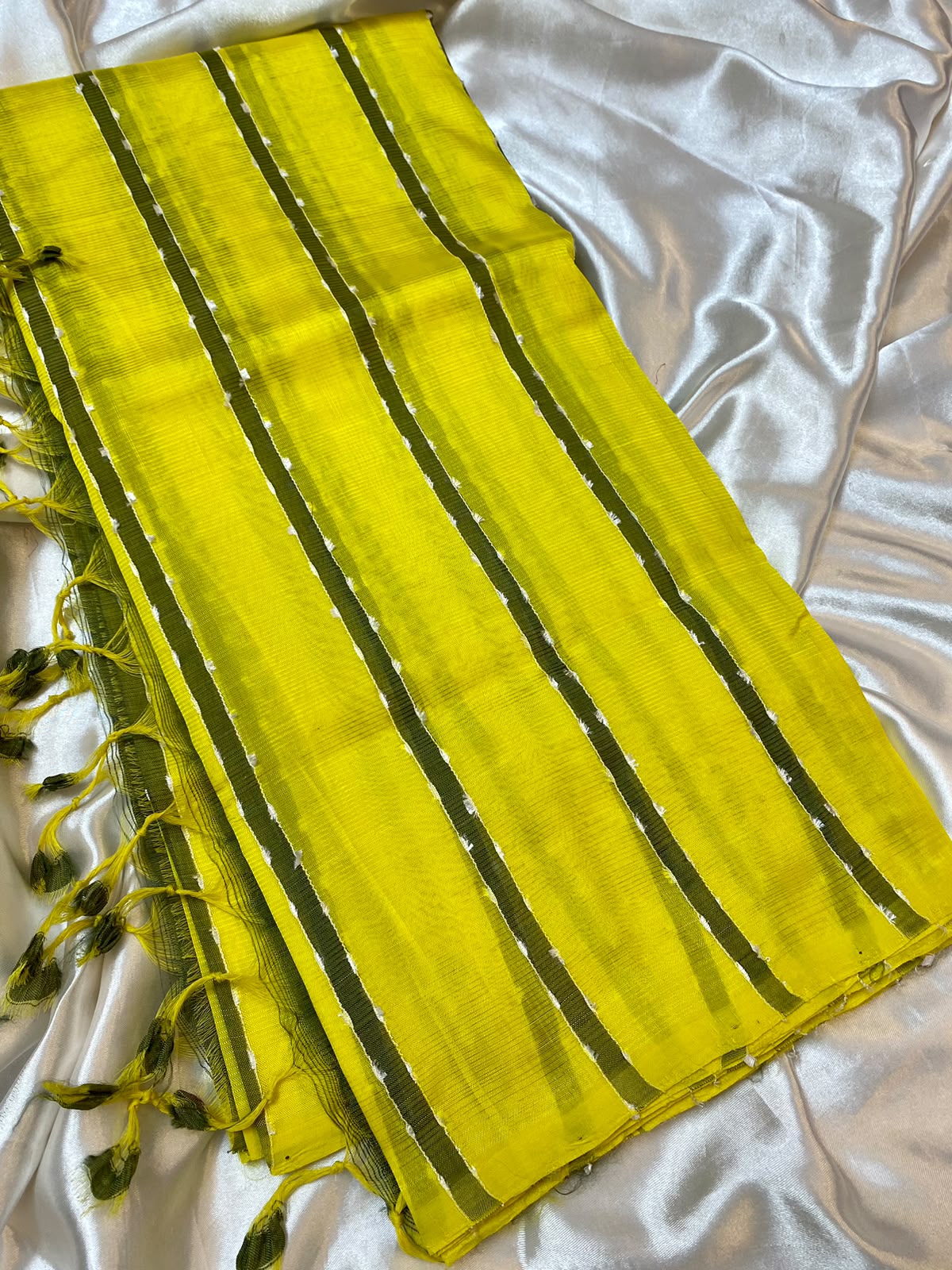 Mangalagiri Silk  yellow purple with  palm green  stripes