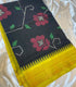 Gadwal Cotton Black  saree with Pink floral motifs yellow zari border