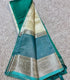 Mangalagiri Handloom silk cottonteal and creamsaree with wide  silver zari   border