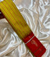 Semi Gadwal Fusion Yellow   saree  with stripes and  red    border