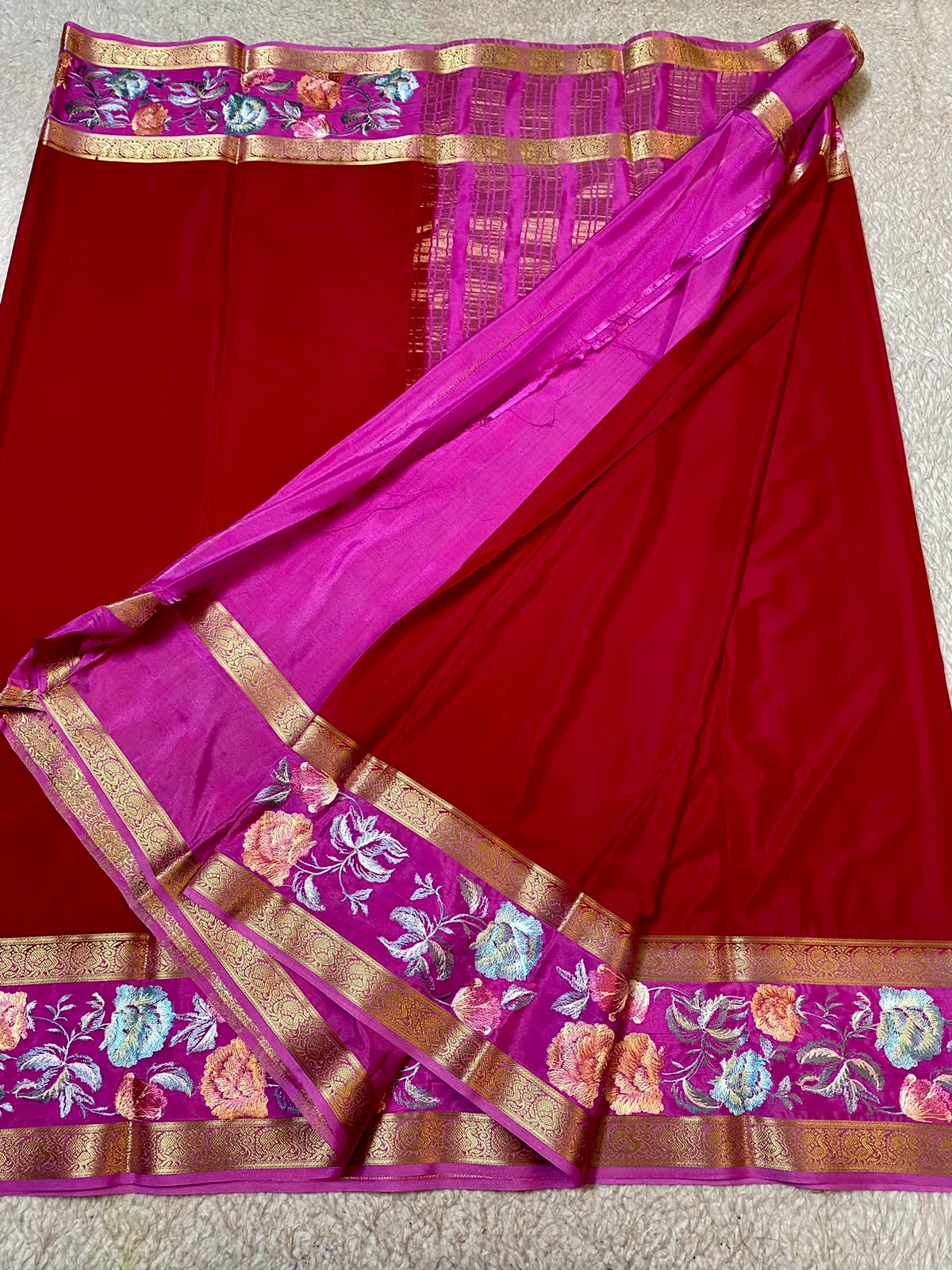 Mysore Silk saree with embroidery design border deep red