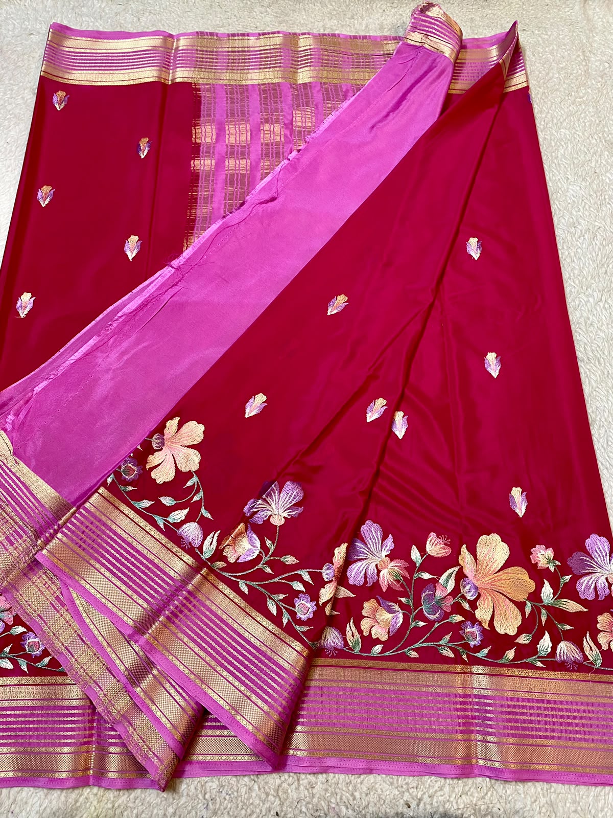 Mysore Silk saree with embroidery design borderdeep magenta pink