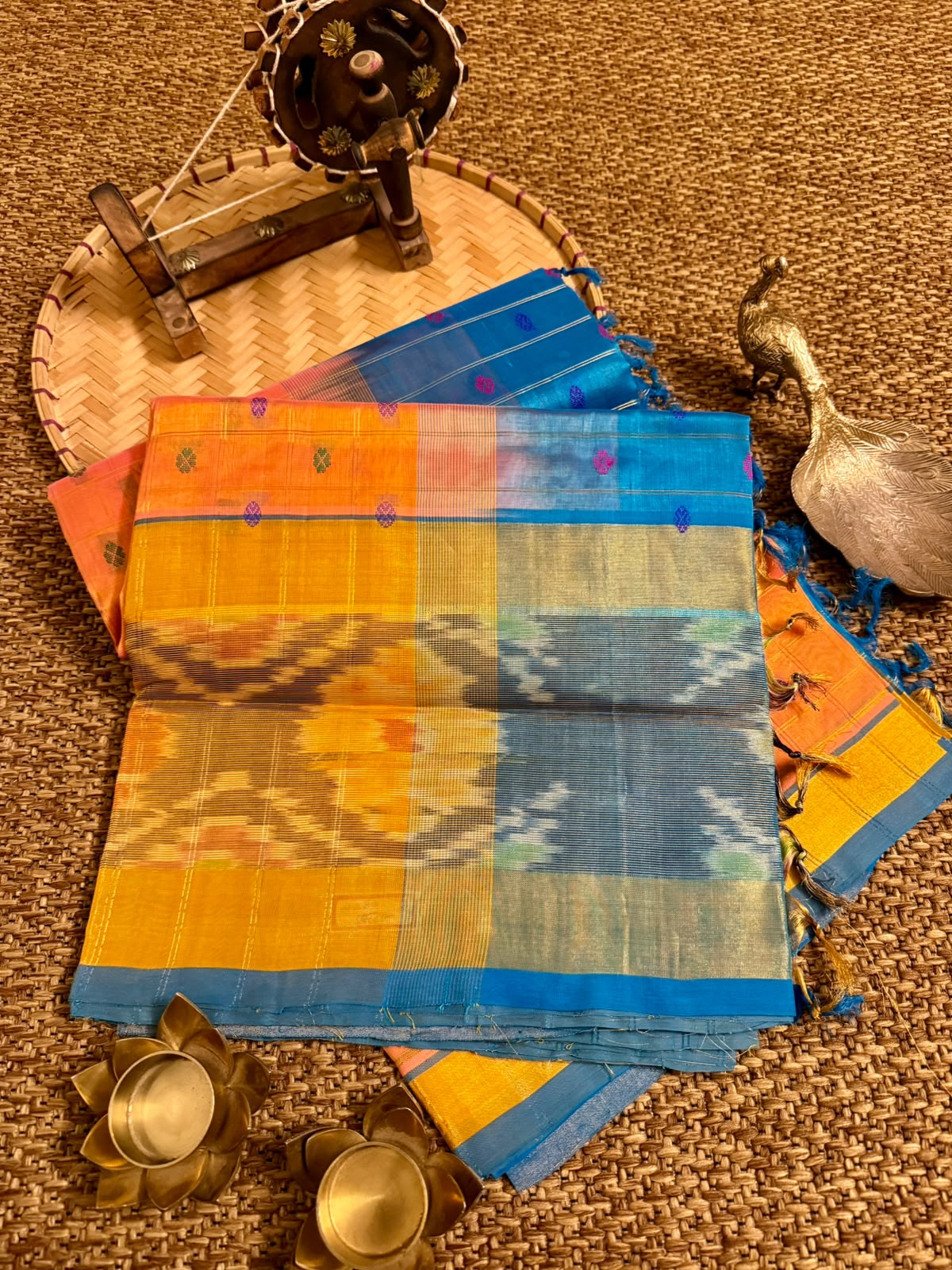 Venkatagiri Kollam Pattu  Orange and Yellow with blue and gold zari