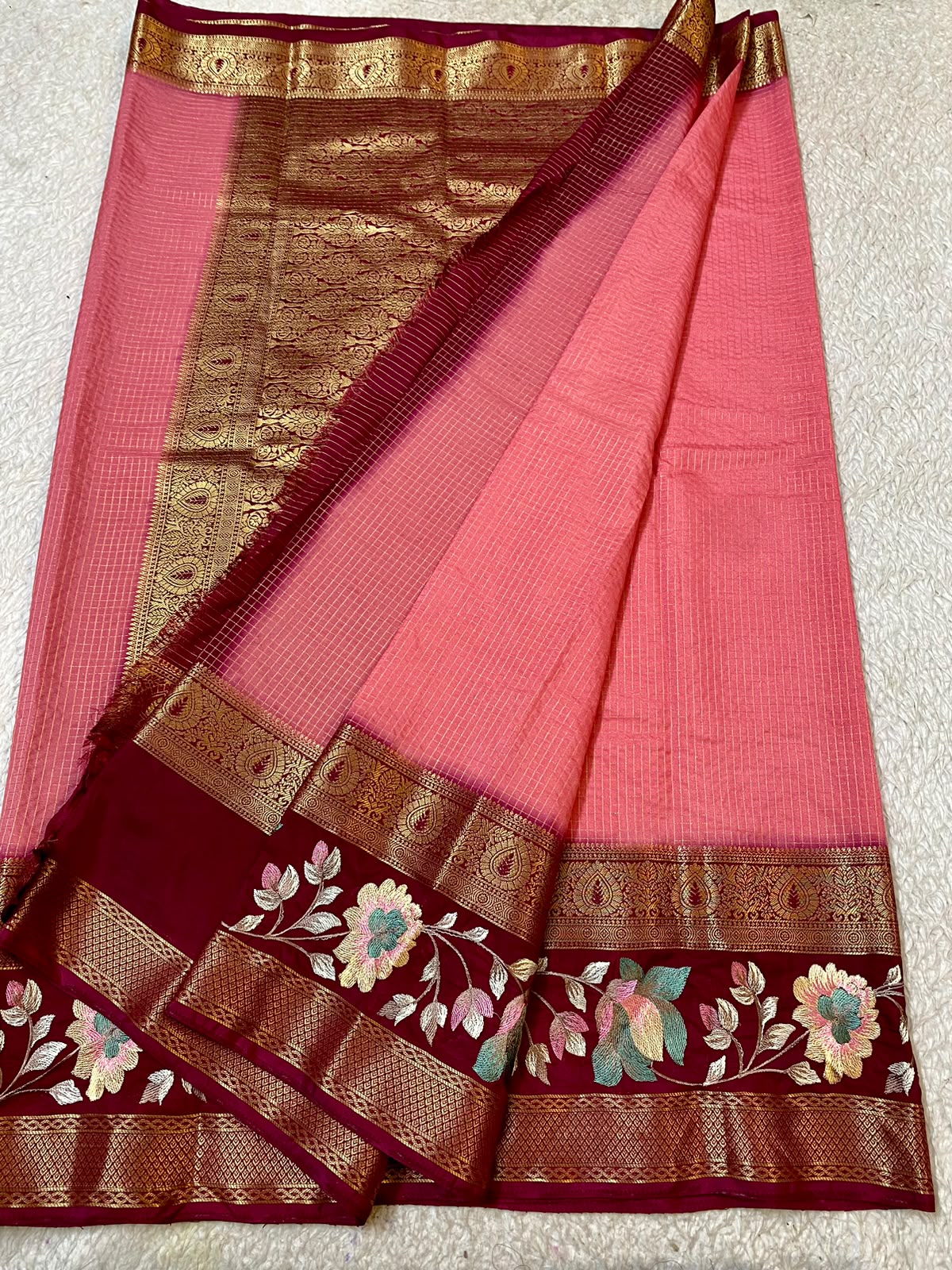 Mysore Silk saree with embroidery design border pink and deep maroon