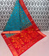 Ikkat cotton turquoise and teal blue saree with rich red / orange pallu