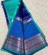 Mangalagiri Handloom silk cotton yblue and teal color saree with metalic and silver zari floral  border