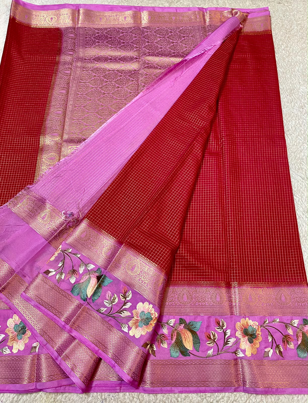 Mysore Silk saree with embroidery design border red and pink