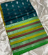 Mangalagiri Pattu deep teal blue body with silver paisley motifs, a wide border of yellow, green, and red stripes with silver zari work,