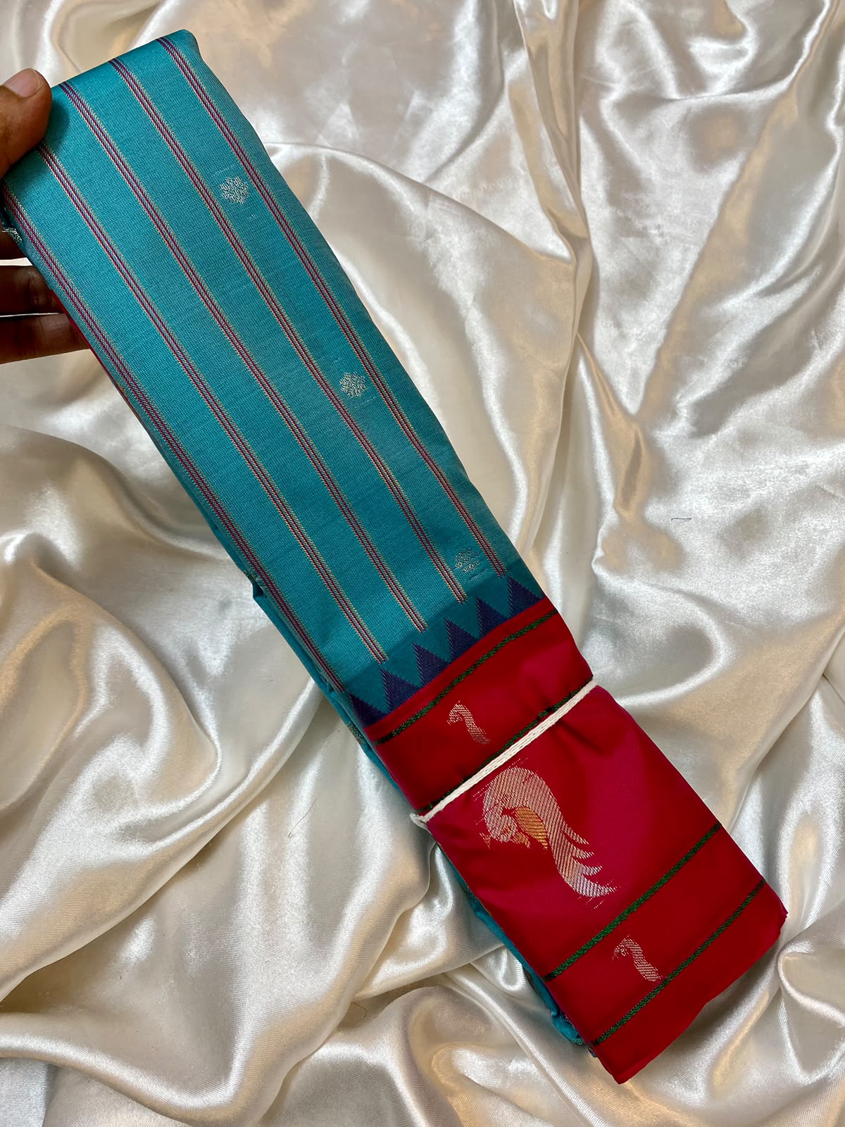 Semi Gadwal FusionSky blue  saree  stripes  with red    border