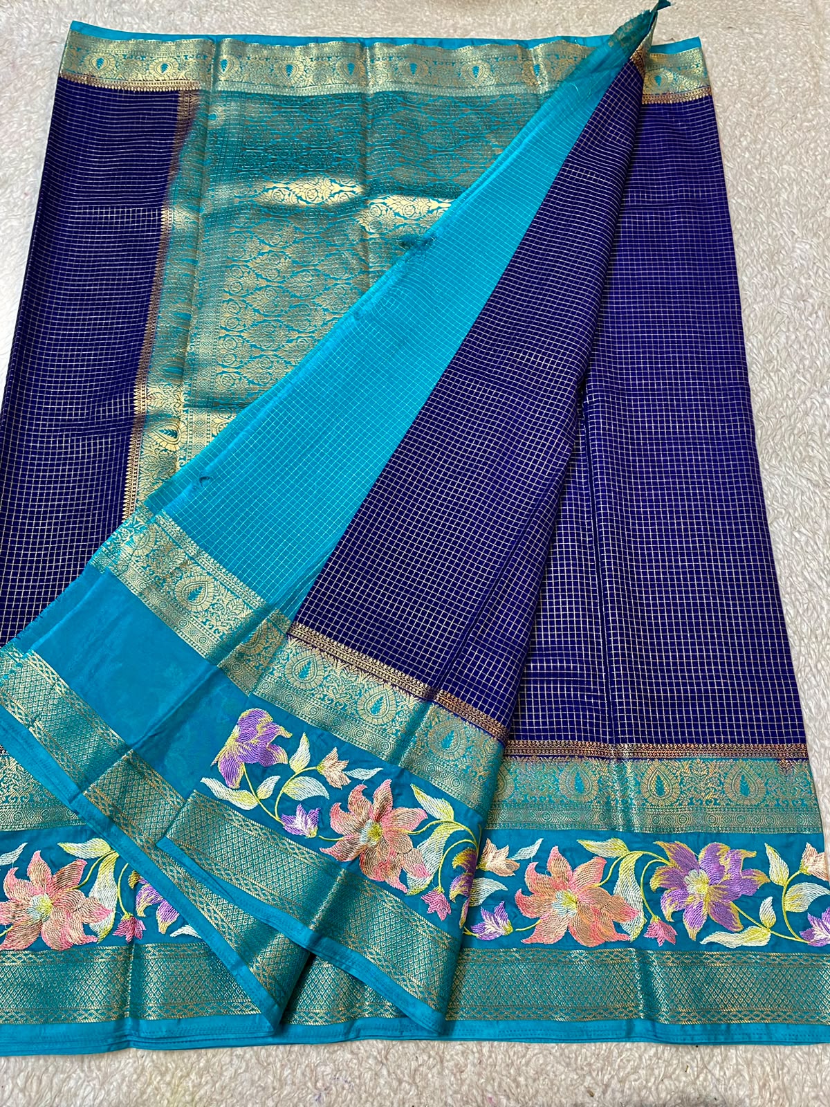 Mysore Silk saree with embroidery design border deep purple
