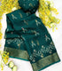 Crape silk dark teal green with gold, silver, and white floral and paisley motifs