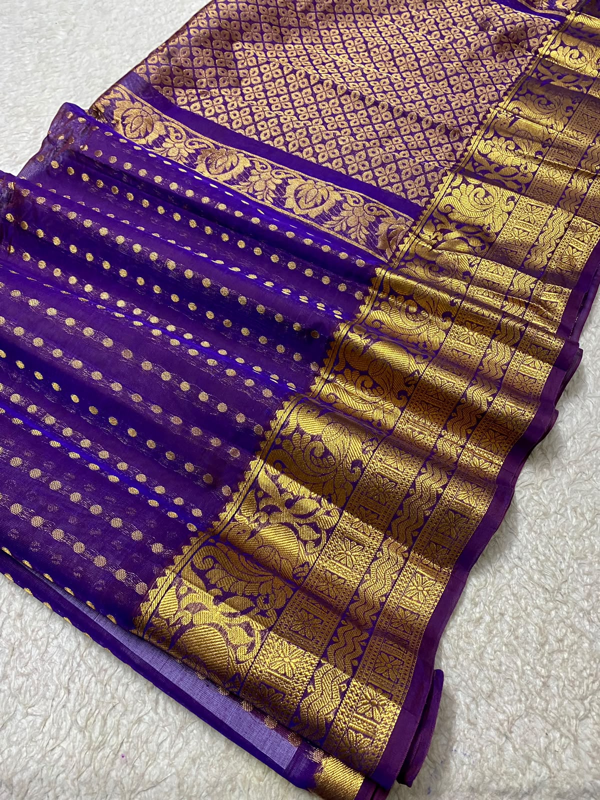 SIco Gadwal purple body with small gold zari motifs and a broad gold zari brocade border