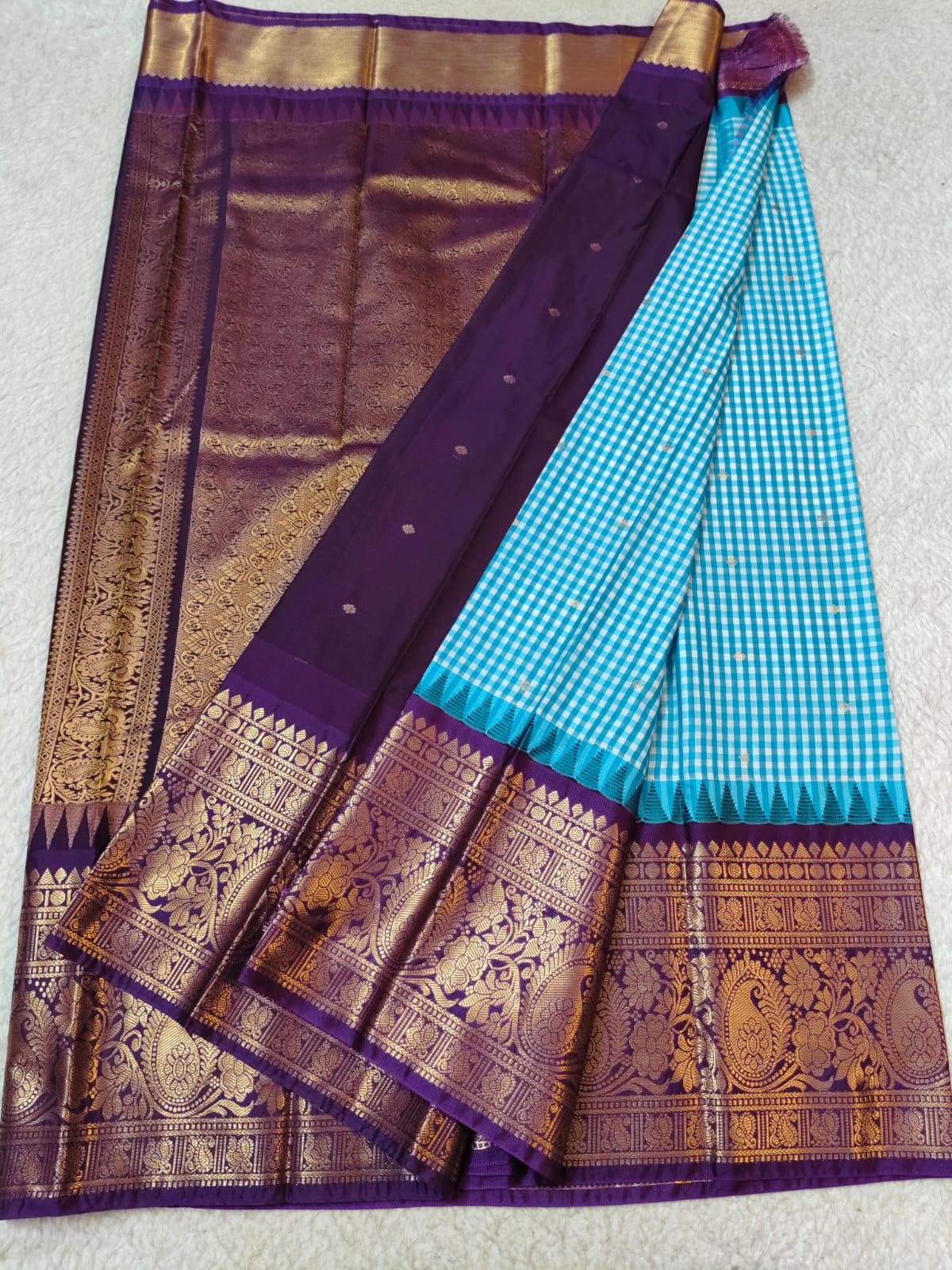 Semi Gadwaal Pattu turquoise blue and white  gingham checkered   silk saree with intricate gold zari border