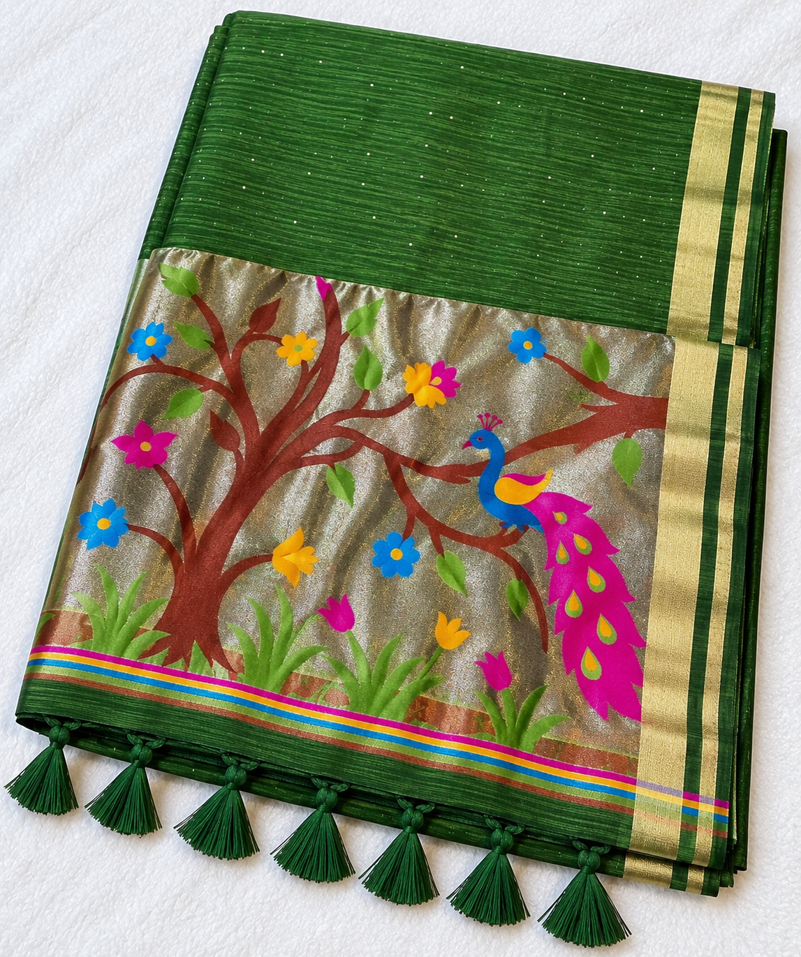 Parrot Green Lenin Tissue with Paithani border