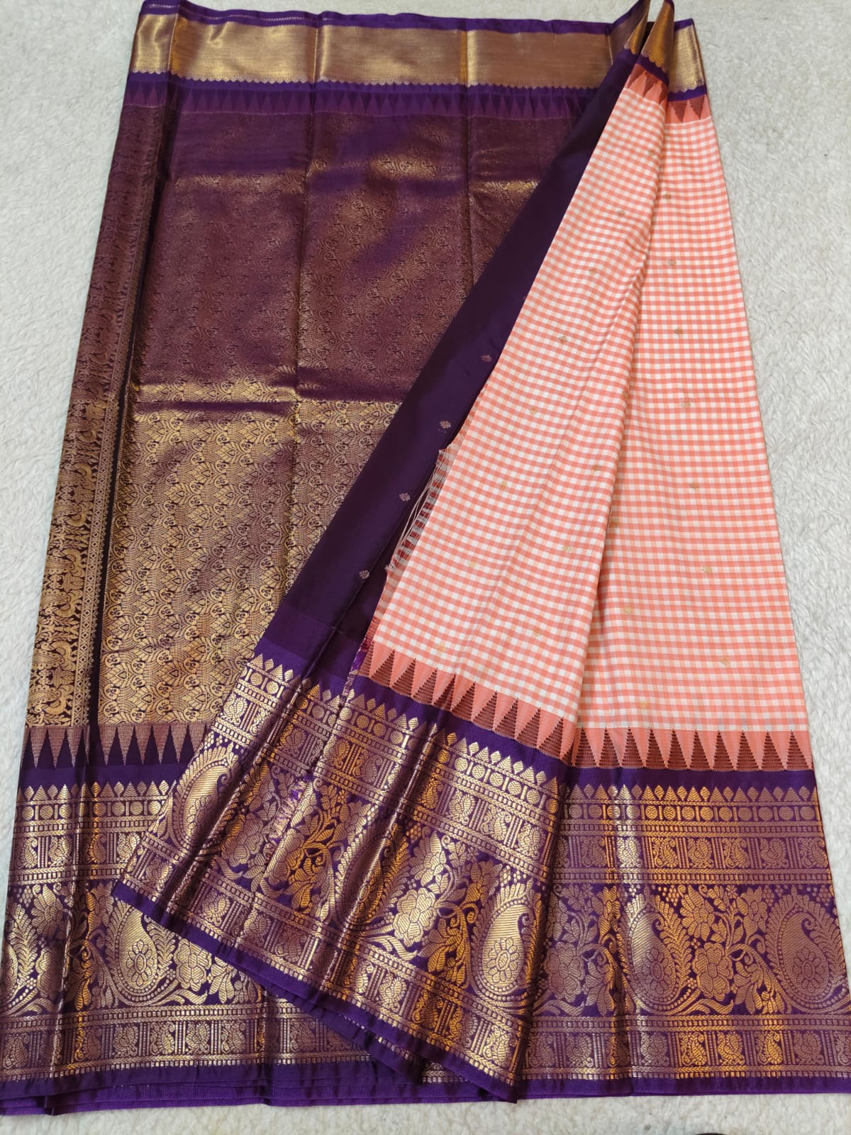 Semi Gadwaal Pattu Peach and white gingham checkered   silk saree with intricate gold zari border