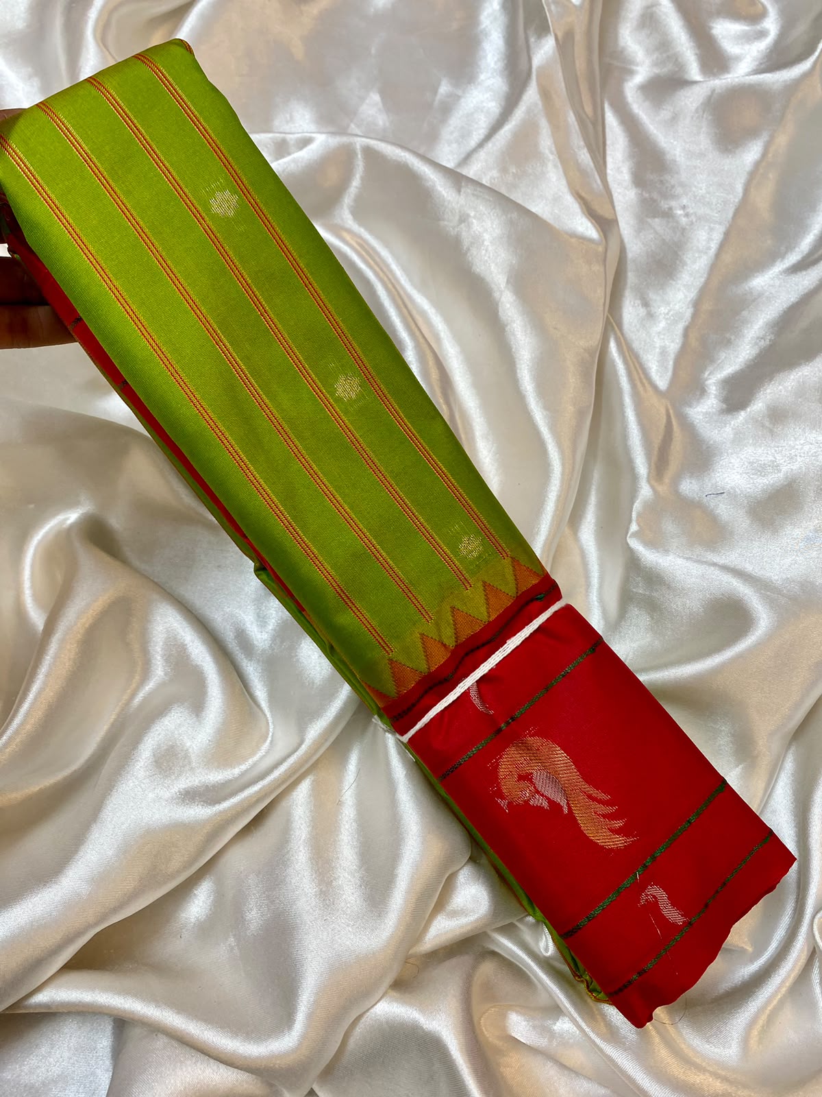 Semi Gadwal Fusion Lime green  saree  stripes  with red    border