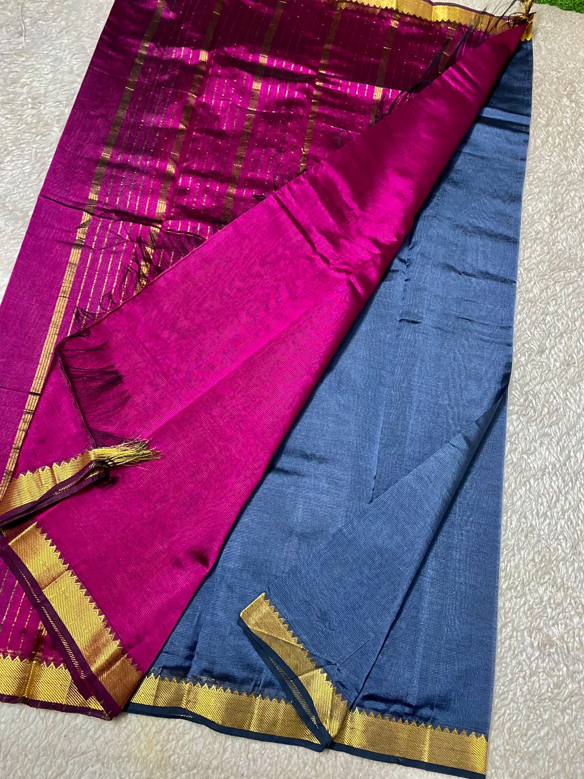 Mangalagiri Silk with NIzam border  rich blue  with deep pink pallu