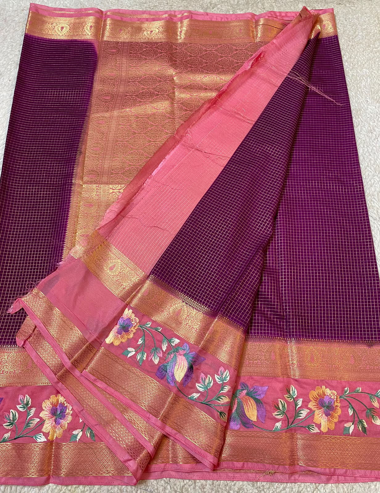 Mysore Silk saree with embroidery design border purple and pink
