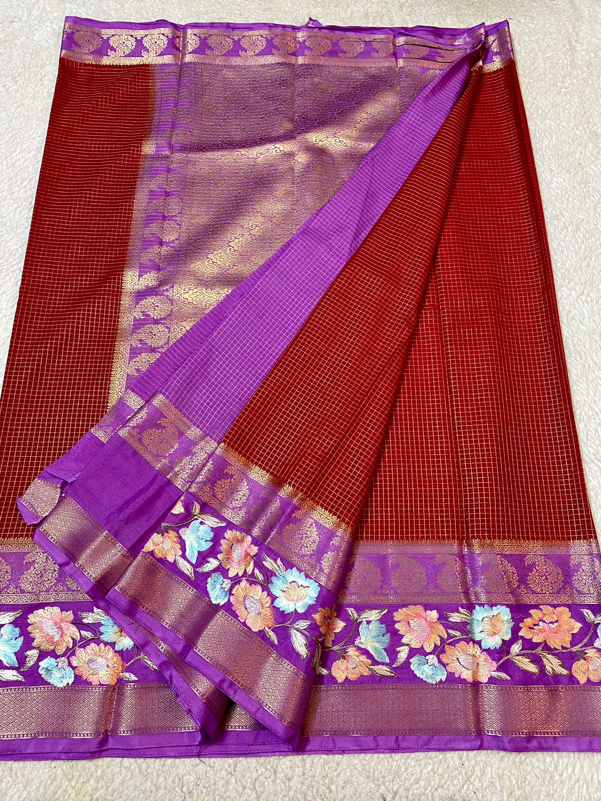 MYsore Silk saree with embroidery design border red and purple