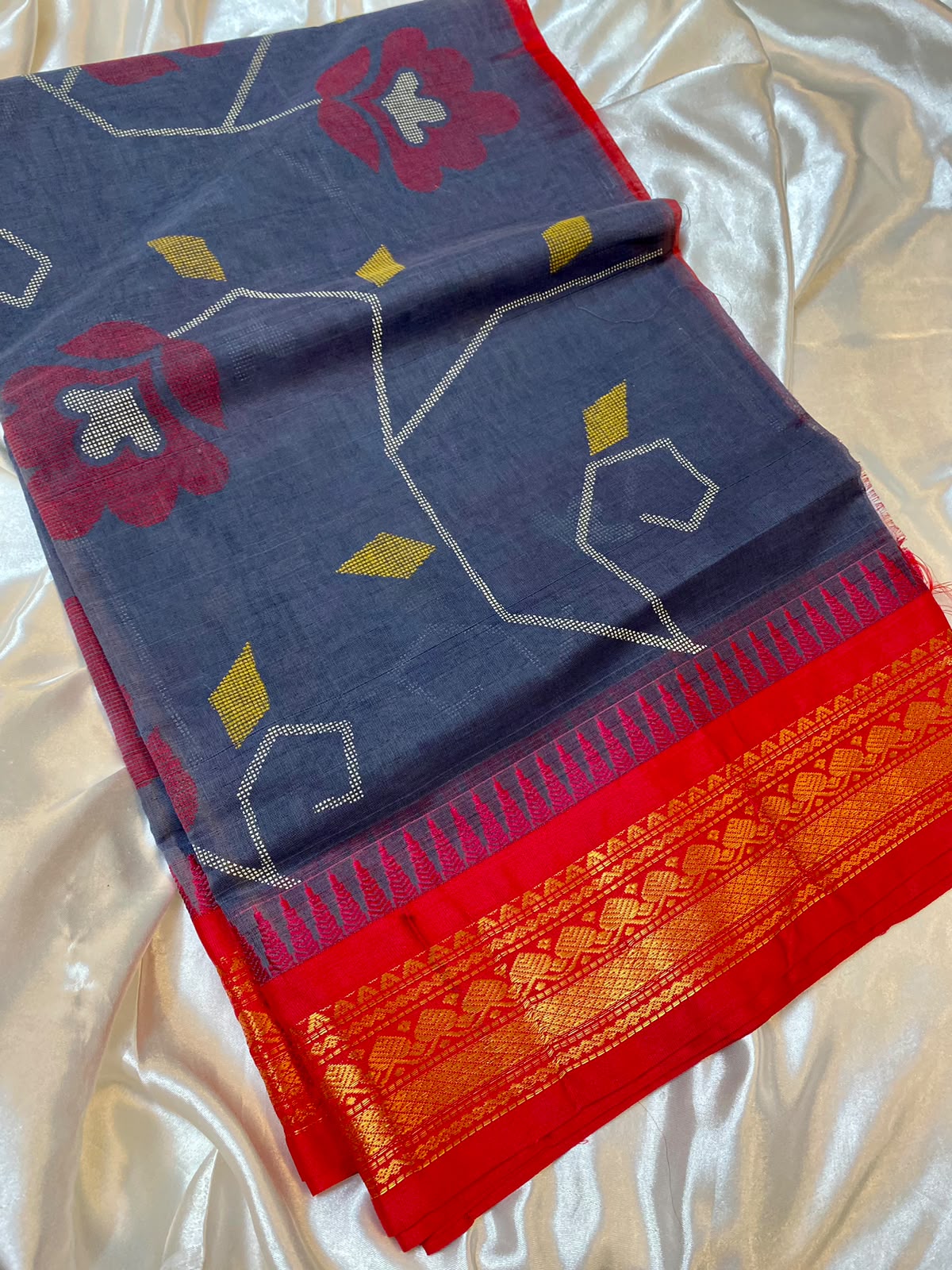 Gadwal Cotton Slate blue saree with Vibrant red  with gold-toned zari border